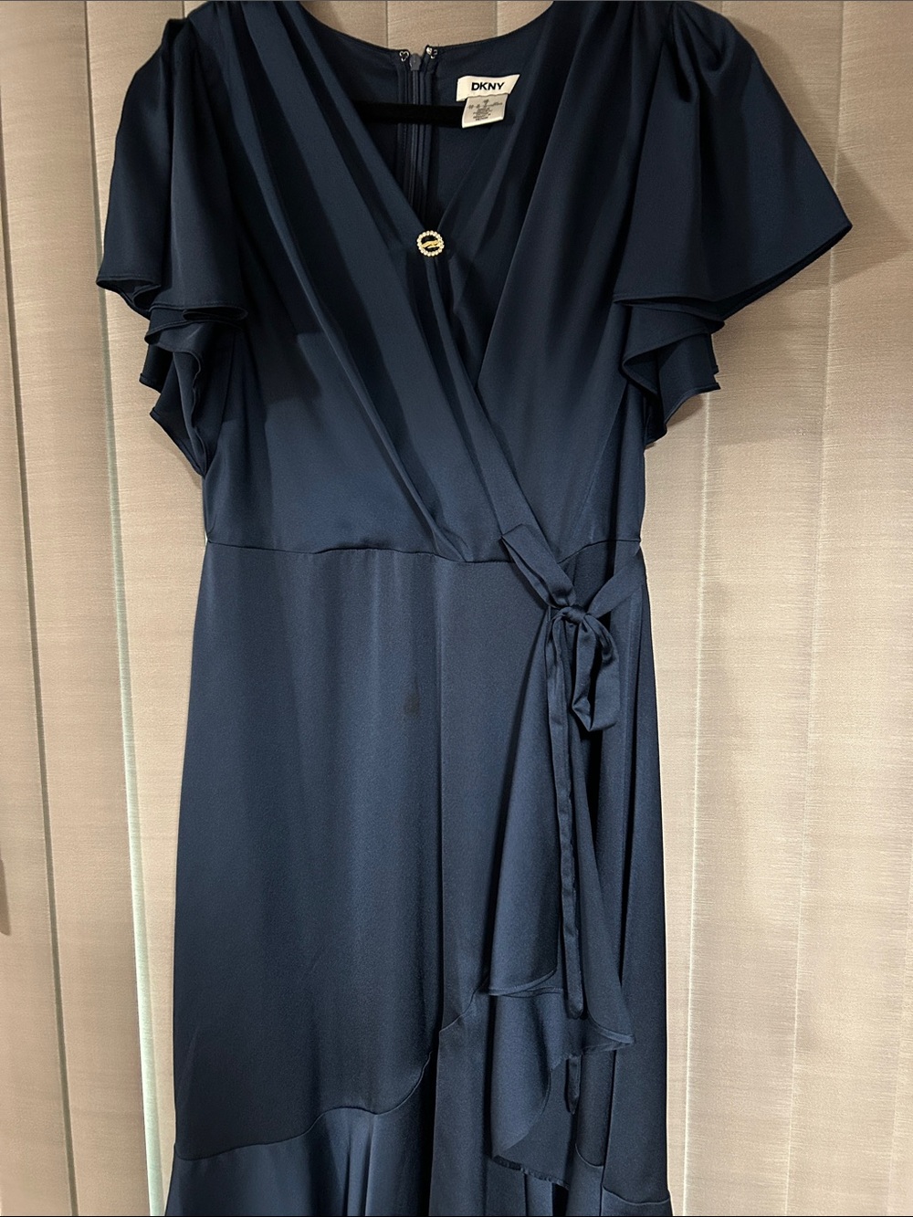 DKNY Navy Wrap-Style Midi Dress with Flutter Sleeves